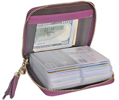 Product Cover Easyoulife Womens Credit Card Holder Wallet Zip Leather Card Case RFID Blocking (Purple)