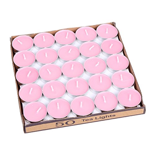 Product Cover 50 Pack Tea lights Candles - Unscented - Smokeless - 2 Hour Burn Time - Decoration for Wedding, Party, Dating and Festival Celebration (Pink)