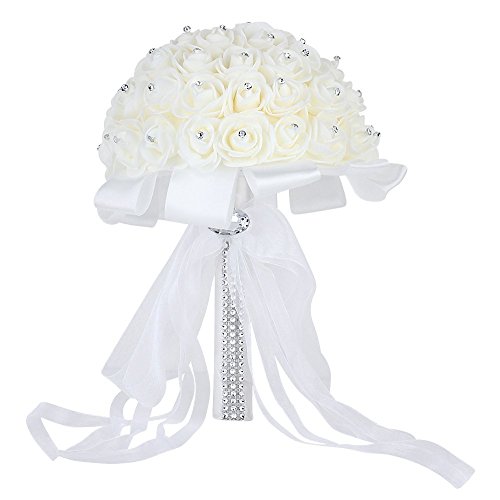 Product Cover Febou Wedding Bridal Bouquet, Handmade Crystal Ribbon Rhinestone Wedding Bridesmaid Bouquet, Bridal Artificial Flowers for Wedding (White-Crystal Small Size)