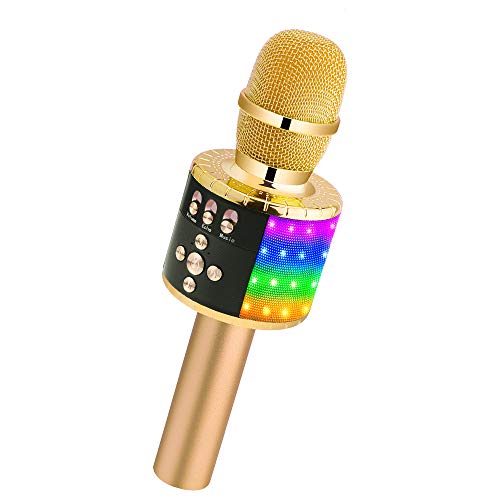 Product Cover BONAOK Wireless Bluetooth Karaoke Microphone with Controllable LED Lights, Portable Handheld Karaoke Speaker Machine Christmas Birthday Home Party for Android/iPhone/PC or All Smartphone(Q78 Gold)