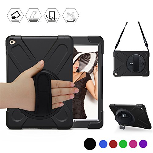 Product Cover BRAECN iPad Air 2 Case[Hybrid Shockproof Case] Rugged Triple-Layer Shock-Resistant Drop Proof Defender Case Cover with Kickstand/a Hand Strap/a Shoulder Strap for Apple iPad Air 2/iPad 6 Case(Black)
