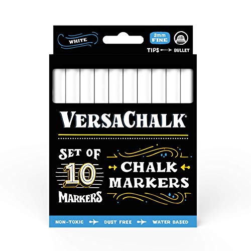 Product Cover VersaChalk White Chalkboard Chalk Markers - 10 White Markers, 3mm Fine Tip - Wet Erase Dustless Chalk Ink Paint Markers for Blackboard, Dry Erase White Board, Chalkboard Sign