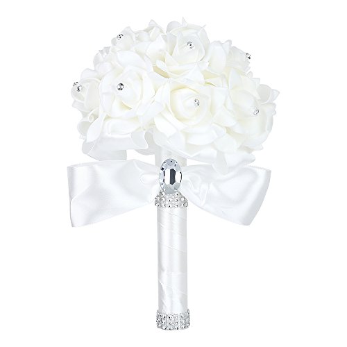 Product Cover Febou Wedding Bouquet Crystal Roses Bridesmaid Bouquet, Bridal Bouquet Artificial Flowers for Wedding, Party and Church (Ivory-Small Size)