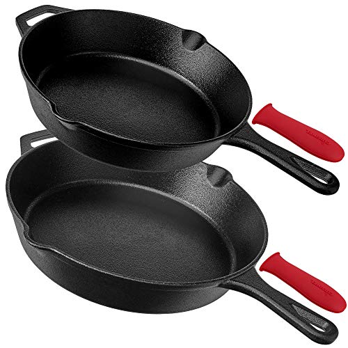 Product Cover Pre-Seasoned Cast Iron Skillet 2-Piece Set (10-Inch and 12-Inch) Oven Safe Cookware - 2 Heat-Resistant Holders - Indoor and Outdoor Use - Grill, Stovetop, Induction Safe