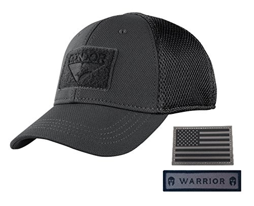 Product Cover Condor Flex Mesh Cap, BLACK + Flag & Warrior Patch, Fitted Tactical Operator Hat (L/XL)