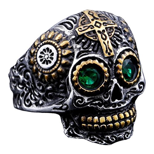 Product Cover INRENG Men's Stainless Steel Silver Gold Gothic Cross Skull Ring Green Eye Vintage Flower Carved Halloween