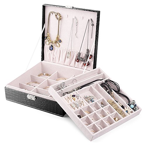 Product Cover MESHA Jewelry Box for Women,2 Layer 29 Compartments Necklace Jewelry Organizer with Lock Jewelry Holder for Earrings Bracelets Rings - Black