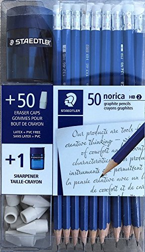 Product Cover Staedtler Norica #2 HB Woodcased Pencils Blue 50 Pencils 50 Arrow Tip Erasers and 1 Elite Sharpener