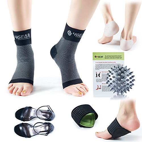 Product Cover Plantar Fasciitis Pain Relief Recovery Kit - 9 PCs - Foot Compression Sleeves, Heel Protectors, Cushioned Arch Support Wraps & Inserts, Foot Massage Ball- Instruction Guide Included (L/XL)