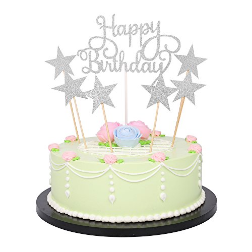 Product Cover LXZS-BH 7 Pack Glitter Letters Happy Birthday Cake Topper Decorations (Silver)