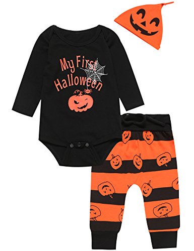 Product Cover 3PCS Baby Boys' Outfit Set Halloween Pumpkin Costume Long Sleeve Romper