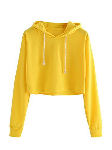 Product Cover MAKEMECHIC Women's Long Sleeve Pullover Sweatshirt Crop Top Hoodies Yellow M