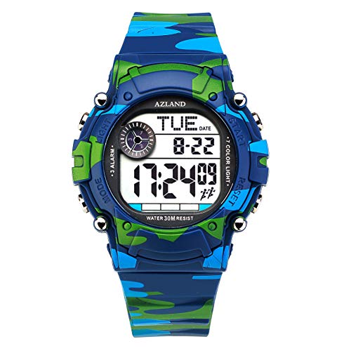 Product Cover AZLAND 7 Colors Flashing, 3 Multiple Alarms Reminder Sports Kids Wristwatch Waterproof Boys Girls Digital Watches (Camo)