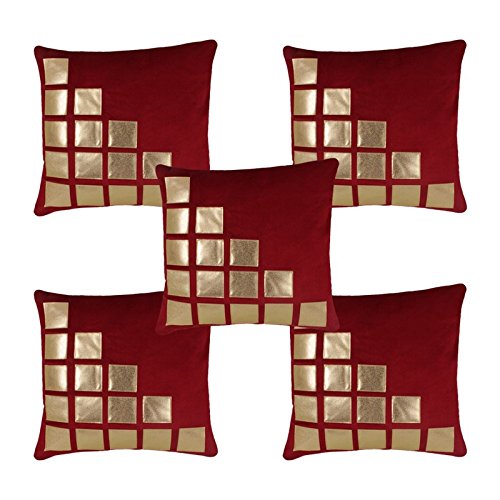 Product Cover Freely Maroon Color Gold Leather Patches Cushion Cover (16X16 inches) - Pack of 5
