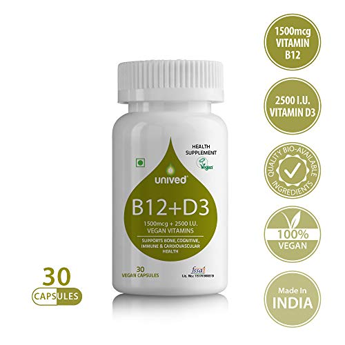 Product Cover Unived B12+D3, 1500mcg Methylcobalamin (99%), with 500mcg Methyltetrahydrofolate (5-MTHF), 2500I.U. Vitamin D3 (Cholecalciferol, Lichen), Bone, Cognitive, Immune, & Cardiovascular Support, 30 servings, 30 Vegan Caps