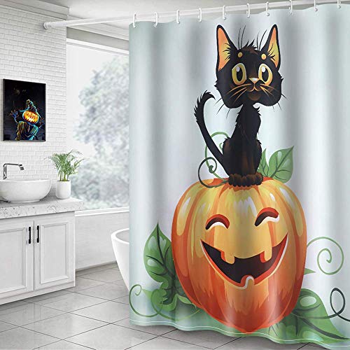 Product Cover Hoomall Shower Curtain, Halloween Pumpkin Black Cat 71x71 Inch Shower Curtain Decorative Bath Curtain Durable with Hooks Fabric Waterproof Muilt Function (71x71 inches, C5-Pumpkin Black Cat)