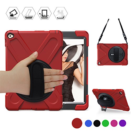 Product Cover BRAECN Ipad Air 2 Shockproof Case,Three Layer Drop Protection Rugged Protective Heavy Duty IPad Case with a 360 Degree Swivel Stand/a Hand Strap and a Shoulder Strap for iPad Air 2 Case (Red)