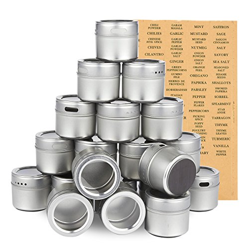 Product Cover Juvale 20-Pack Magnetic Spice Containers - Storage Tins with Transparent Lids, Seasoning Organizers, Metal Spice Jars, Includes 94 Labelling Stickers - Holds 3.4 Oz