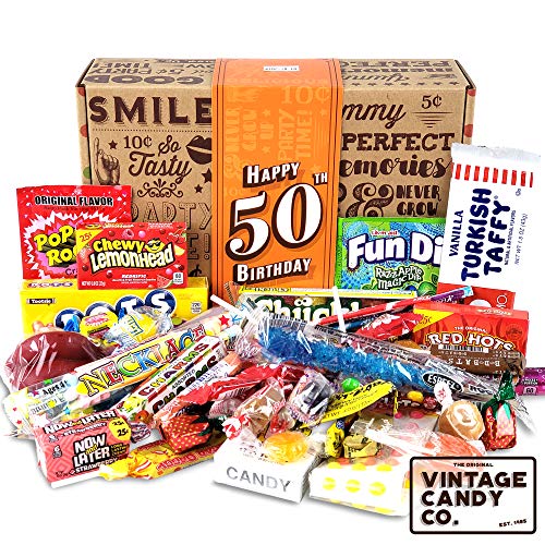 Product Cover VINTAGE CANDY CO. 50TH BIRTHDAY RETRO CANDY GIFT BOX - 1970 Decade Nostalgic Childhood Candies - Fun Gag Gift Basket For Milestone FIFTIETH Birthday - PERFECT For Man Or Woman Turning 50 Years Old