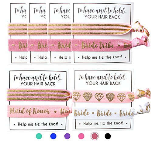 Product Cover Set of Bride Tribe Hair Ties - to Have and to Hold Your Hair Back - Help Me Tie The Knot - Bachelorette, Wedding Shower, Party Favors for Bridesmaids (6 x 2pc Set, Blush & Gold)