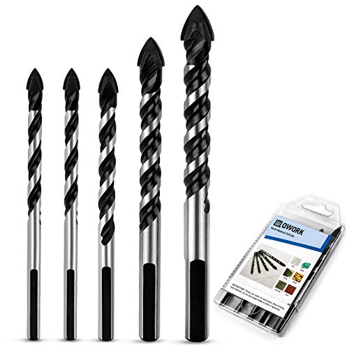 Product Cover QWORK 5 Pcs Set (6, 6, 8, 10, 12mm) Multi-Material Drill Bit Set for Tile,Concrete, Brick, Glass, Plastic and Wood Tungsten Carbide Tip Best for Wall Mirror and Ceramic Tile on Concrete and Brick Wall