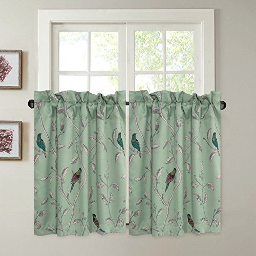 Product Cover H.VERSAILTEX Energy Smart Room Darkening Rod Pocket Blackout Curtain Tier Panels for Multi Size - Sage Green Base with Turquoise Birds - (58