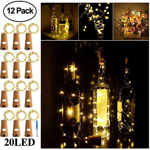 Product Cover Adecorty Wine Bottle Lights with Cork - Silver Wire Cork Lights for Bottle 12 Pack 6.5ft 20 LED Bottle Lights Battery Powered Christmas String Lights for Party Halloween Wedding Christmas (Warm White)