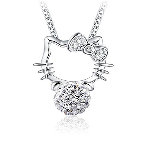 Product Cover Yihua_Store Cute Real 925 Sterling Silver Cat Pendant Necklace Rhinestone Ball Pendant
