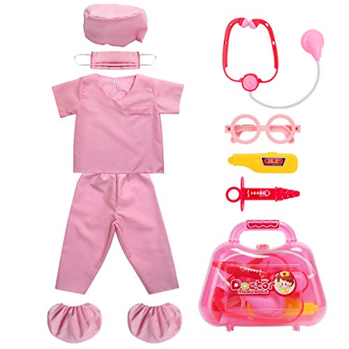 Product Cover Fedio Kid's Scrubs Doctor Role Play Costume Dress up Set with Doctor Medical Kit for Toddler Children Ages 3-5 (Hot Pink)