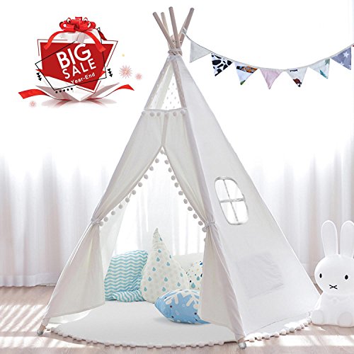 Product Cover JOYNOTE Teepee Kids Tent with Thick Mat & Carry Case & Decorations Star Stickers & Flag - 5 Wooden Poles Canvas Tipi (White)