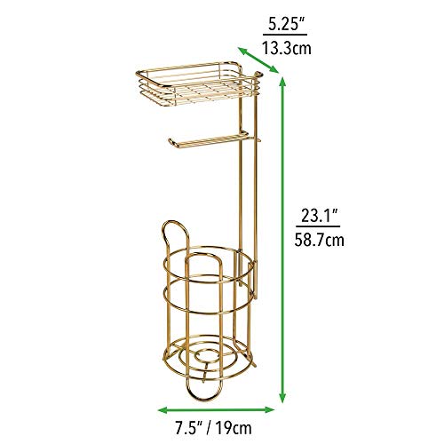 Product Cover mDesign Freestanding Metal Wire Toilet Paper Roll Holder Stand and Dispenser with Storage Shelf for Cell, Mobile Phone - Bathroom Storage Organization - Holds 3 Mega Rolls - Soft Brass