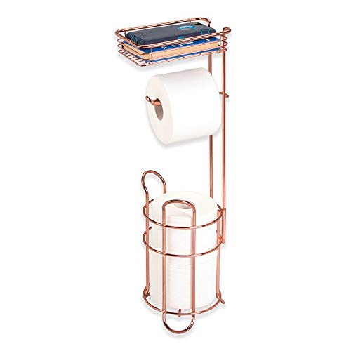 Product Cover mDesign Freestanding Metal Wire Toilet Paper Roll Holder Stand and Dispenser with Storage Shelf for Cell, Mobile Phone - Bathroom Storage Organization - Holds 3 Mega Rolls - Rose Gold
