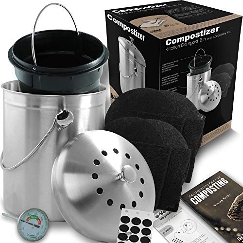 Product Cover Compostizer Introducing Stainless Steel 1.3 Gal Kitchen Compost Bin Kit, Special e-Vent Technology, Double Carbon Filters, Paperback Book, Composting Thermometer,4 Double Filters