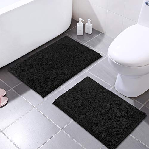 Product Cover MAYSHINE 16x24 Inches Non-Slip Bathroom Rug Shag Shower Mat Machine-Washable Bath Mats with Water Absorbent Soft Microfibers, 2 Pack, Black