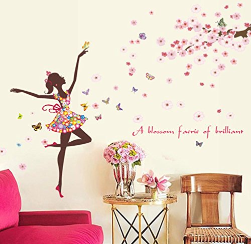 Product Cover BIBITIME Vinyl Wall Decal Butterfly Girl Dancing under Tree Branches full of Flowers Fairy Sayings 