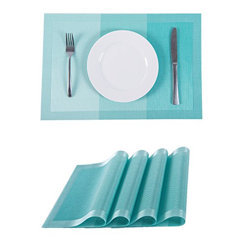Product Cover SUNSHINE FASHION Set of 4 Placemats,Placemats for Dining Table,Heat-Resistant Placemats, Stain Resistant Washable PVC Table Mats,Kitchen Table mats (4, Strip-Turq)