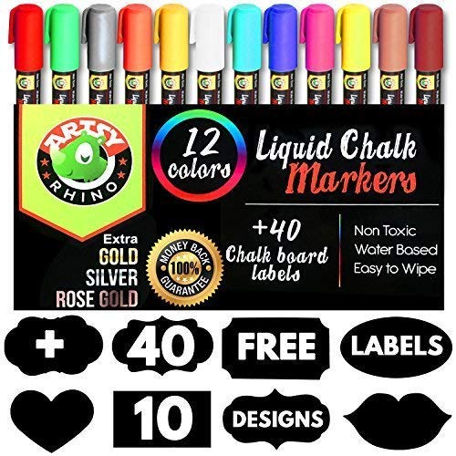 Product Cover Chalk Markers |12 Assorted Liquid Chalk Markers Reversible Neon, Metallic Colors | 40 Labels | Chalkboard Safe Dustless Wet Erase Fine Paint Pens, Blackboard, Windows, Restaurant Menu Board & Kids Art