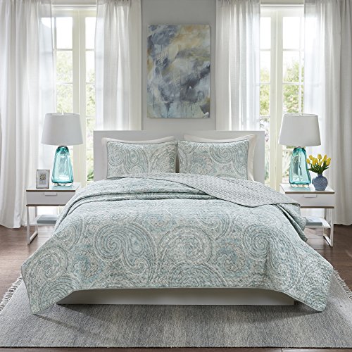 Product Cover Comfort Spaces Kashmir Hypoallergenic All Season Lightweight Filling Paisley Print Girls 3 Piece Quilt Coverlet Bedspread Bedding Set, King, Blue Grey