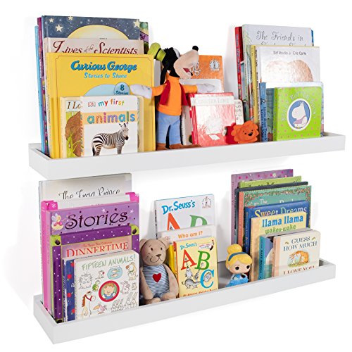 Product Cover Wallniture Philly Nursery Bookshelf - Floating Book Shelves for Kids Room - 31 Inch Picture Ledge Book Tray Toy Storage Display White Set of 2
