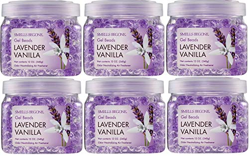 Product Cover Smells Begone Odor Eliminator Gel Beads - Air Freshener -Eliminates Odor in Bathrooms, Cars, Boats, RVs and Pet Areas - Made with Natural Essential Oils - Lavender Vanilla Scent (6 Pack, Purple)
