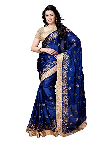 Product Cover Womanista Women's Embroidered Satin Saree with Blouse Piece (FS5027-Blue-Free Size)