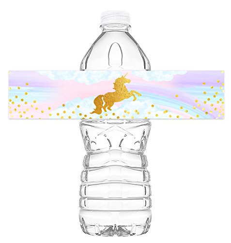 Product Cover POP parties Magical Unicorn Bottle Wraps - 20 Unicorn Water Bottle Labels - Unicorn Rainbow Decorations - Made in The USA