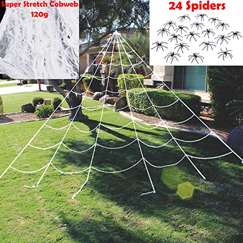 Product Cover JOYIN Halloween Decorations, 23X18 ft Triangular Mega Spider Web for Outdoor Halloween Decor Yard, with 120g Super Stretch Cobweb, 24 Spiders White