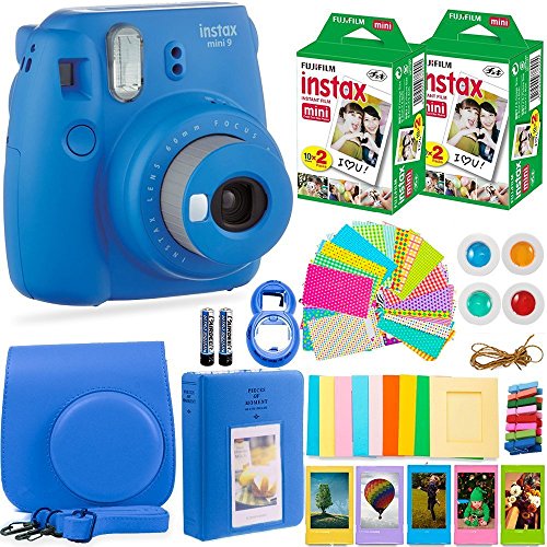 Product Cover FujiFilm Instax Mini 9 Instant Camera + Fuji Instax Film (40 Sheets) + Accessories Bundle - Carrying Case, Color Filters, Photo Album, Stickers, Selfie Lens + More (Cobalt Blue)