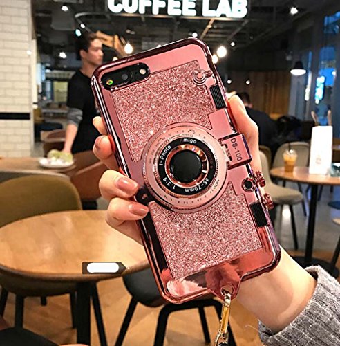 Product Cover UCLL iphone 7 plus case iphone 8 plus New Modern 3D Vintage Style Bling Camera Design Soft Cover For 5.5 iphone 7plus/iphone 8 Plus with Strap Rope and a Screen protector (pink)