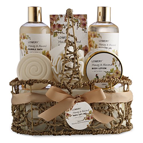 Product Cover Home Spa Gift Basket - Honey & Almond Scent - Luxury Bath & Body Set For Women and Men - Contains Shower Gel, Bubble Bath, Body Lotion, Bath Salt, Bath Bomb, Puff & Handmade Weaved Basket