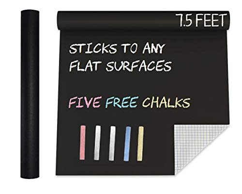 Product Cover Extra Large Black Chalkboard Contact Paper Vinyl Wall Decal Poster (7.5 FEET) Blackboard Roll Adhesive Chalk Board Paint Alternative w/Bonus Chalks - Peel and Stick DIY Wallpaper Sizes 17.8