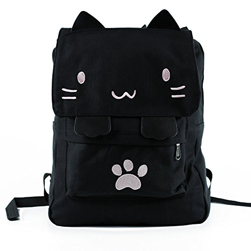 Product Cover Black College Cute Cat Embroidery Canvas School Backpack Bags for Kids Kitty(Pink)