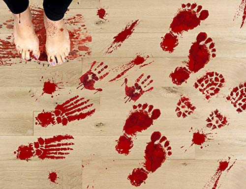 Product Cover jollylife 84PCS Bloody Footprints Floor Clings - Halloween Handprint Zombie Restroom Sign Decals Vampire Party Decorations Stickers Wall Supplies（14 Sheets）