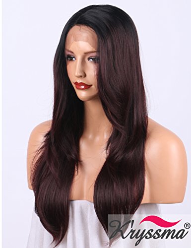 Product Cover K'ryssma 99j Ombre Lace Front Wigs for Women Long Natural Straight Black to Burgundy Synthetic Wig with Deep Parting L Part Lace Wig 20 inches